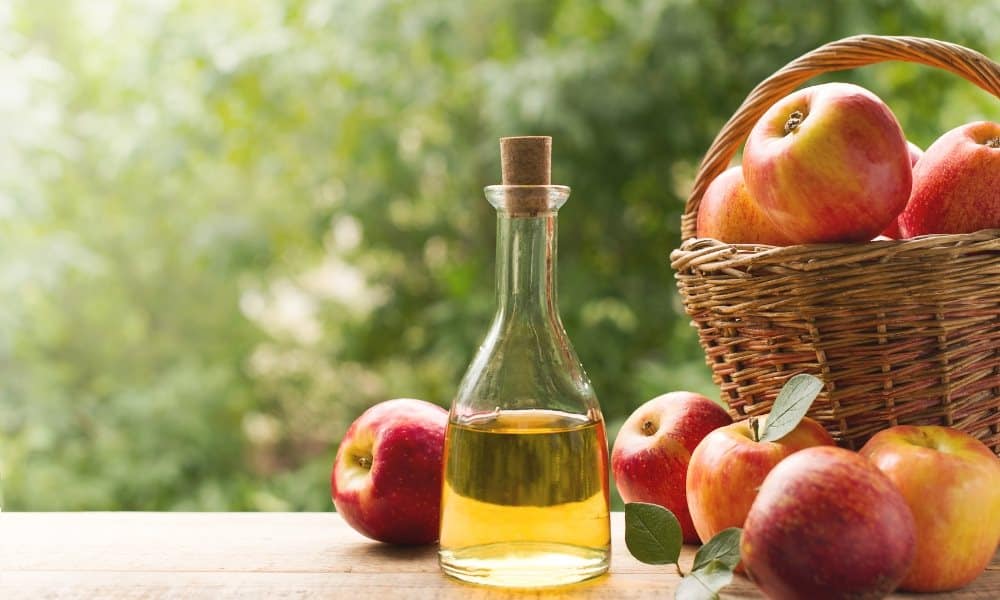 Bouteille remplie de cidre avec des pommes