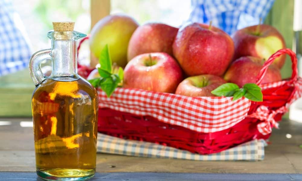 Bouteille remplie de cidre avec des pommes