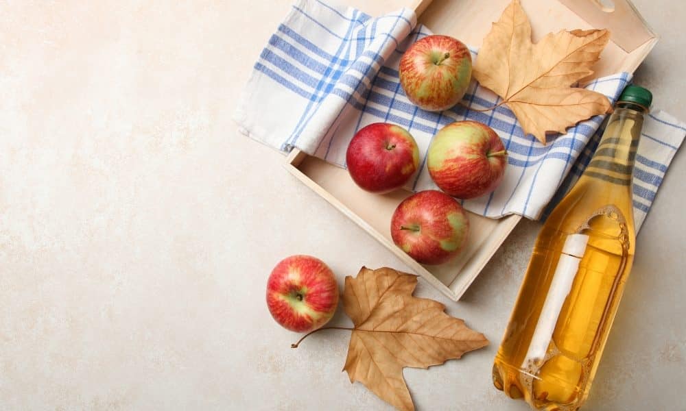 Bouteille remplie de cidre avec des pommes